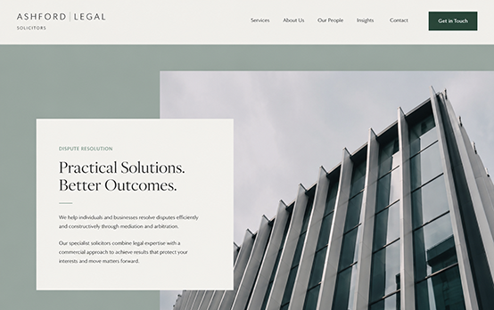Law firm homepage design with dispute resolution hero and bold practice messaging