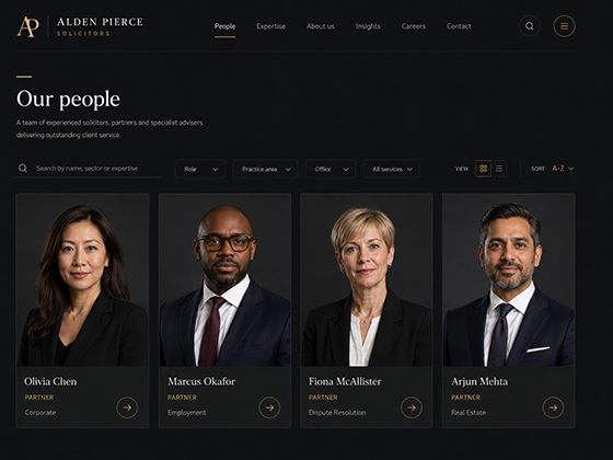 Solicitor team page design with searchable partner profiles and practice-area filters