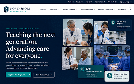 Teaching hospital homepage design with consultant, research and patient care content sections