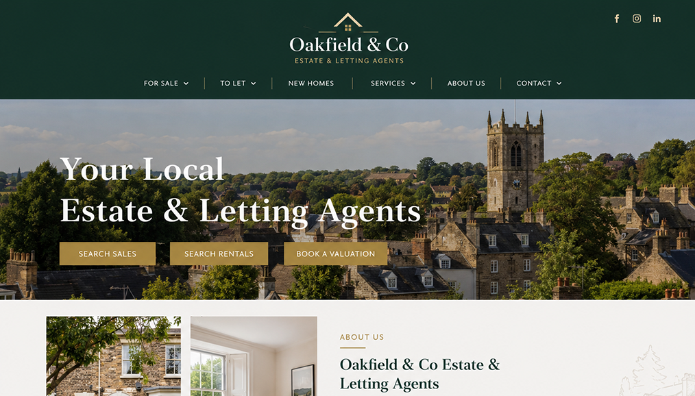 Letting agent website design, with a local town hero image and property search and valuation buttons.
