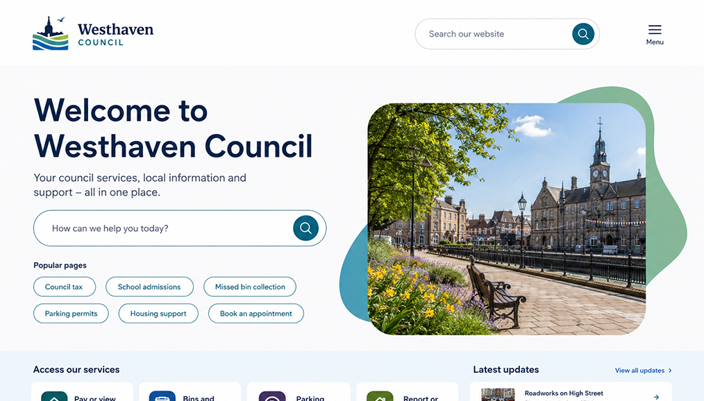 Local government website design with search, popular pages, service cards and latest updates