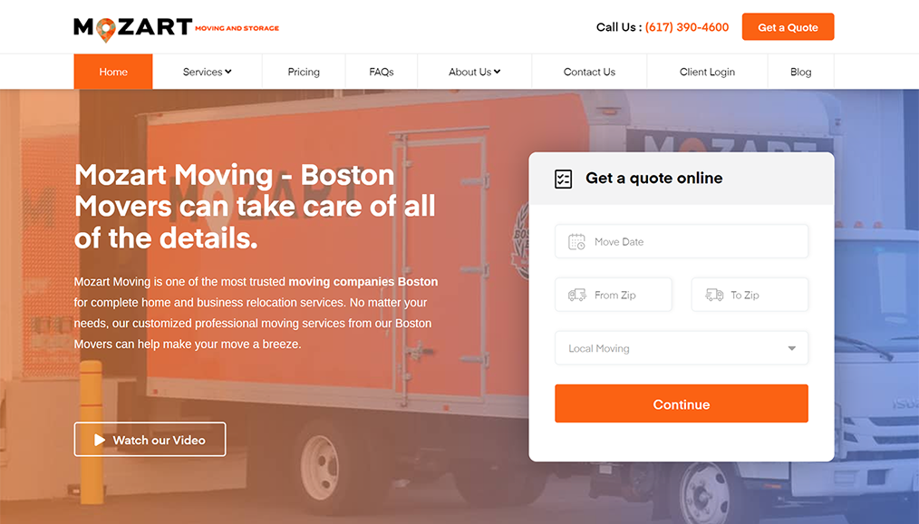 Local movers website design with online quote form, move date and zip code fields