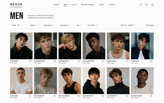 Male model roster page design with a filterable grid of men's profiles showing names, heights and a model count