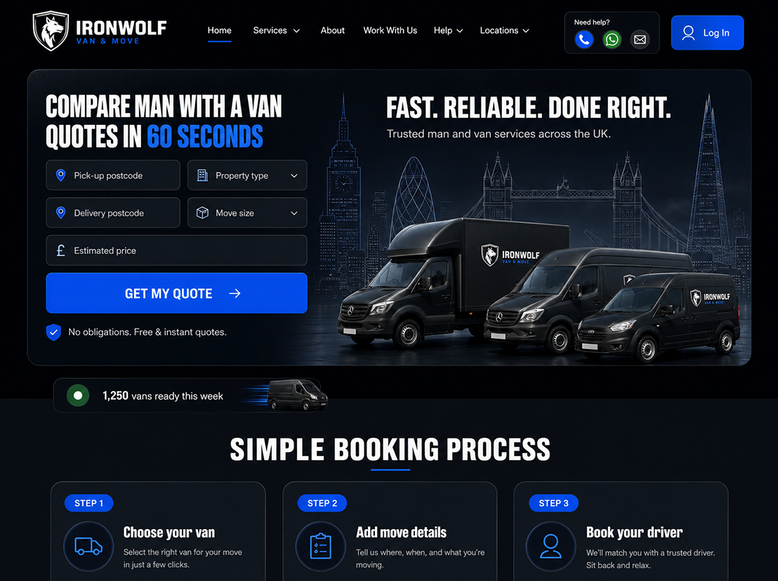 Man with van website development showing instant quote comparison form and simple booking process steps