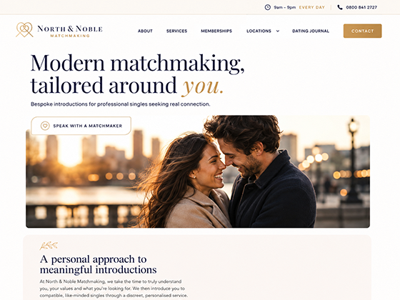 Matchmaking agency website design offering bespoke introductions for professional singles, with a "Speak with a matchmaker" enquiry route