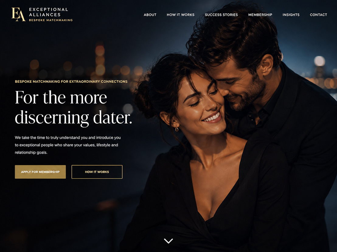 Bespoke matchmaking website design with a dark, elegant hero and "Apply for membership" call to action