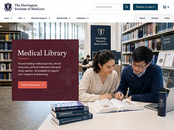 Medical library homepage with journal search, research support, membership and clinical resources