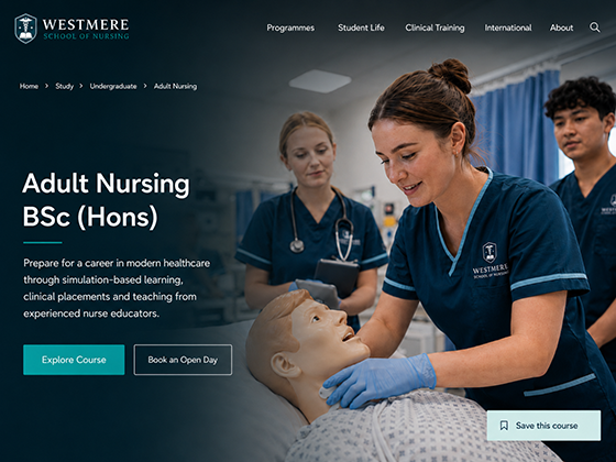 Nursing school website design showing student nurses training in a clinical simulation room