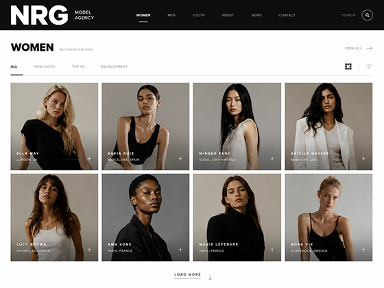 Model agency website design showing a women's division roster grid with each profile captioned by name and location
