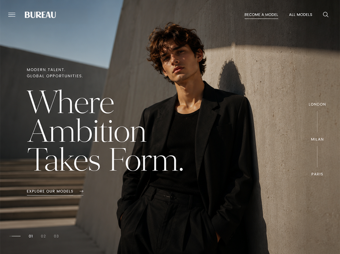 Modelling agency website mockup with a large display headline over a male model photographed against a concrete wall
