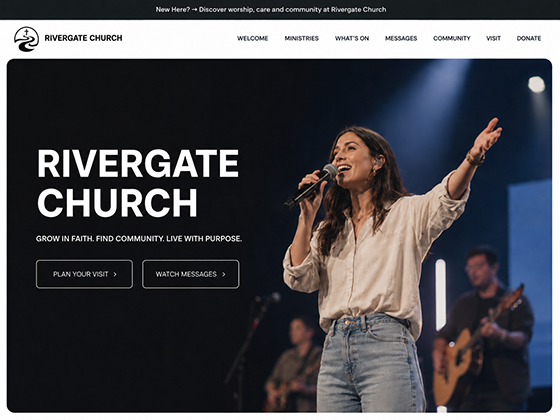 Contemporary church website design with worship leader image, visit CTA and message archive button
