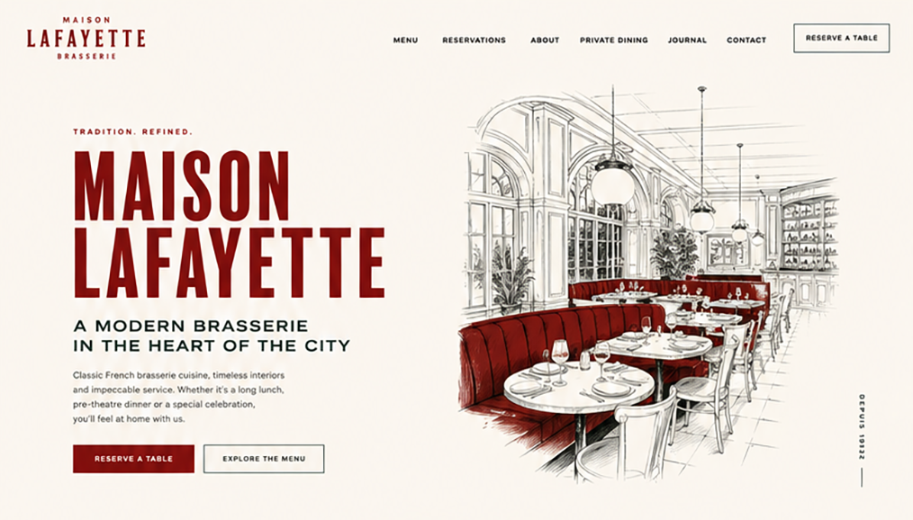 French restaurant home page UI mockup with illustrated brasserie hero section