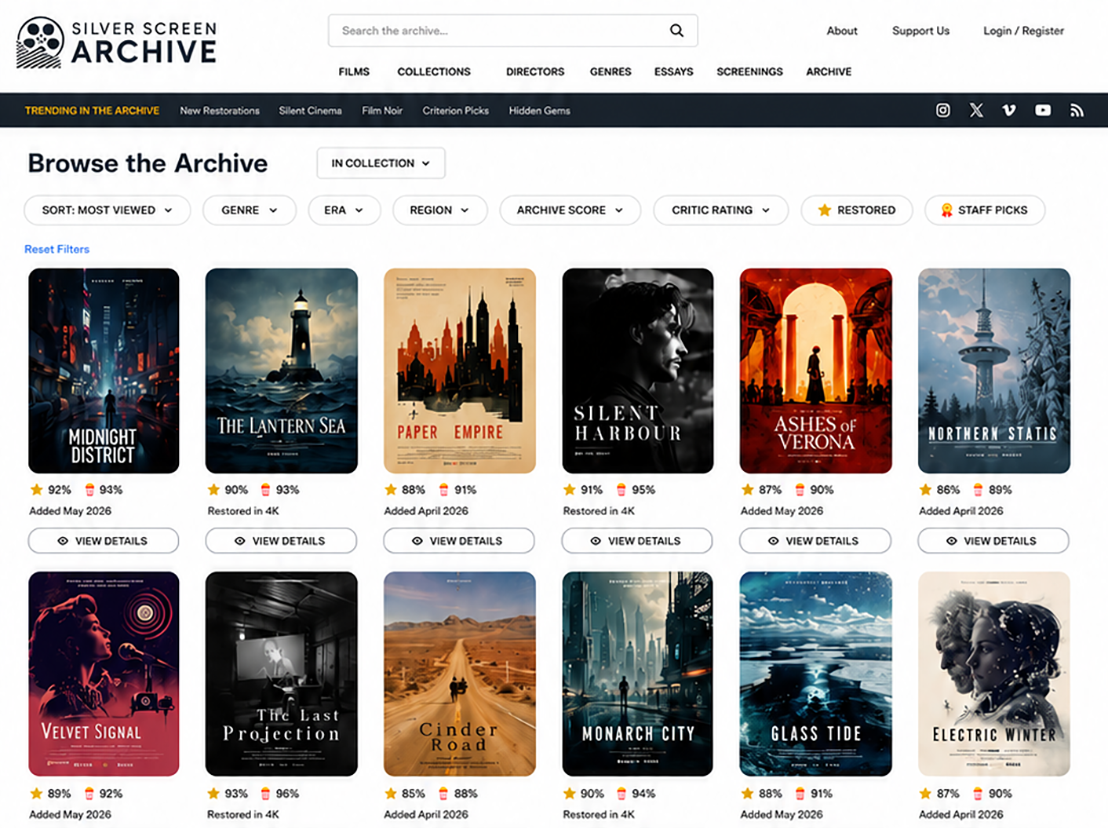 Film archive website design with collection filters, movie posters and restored film listings