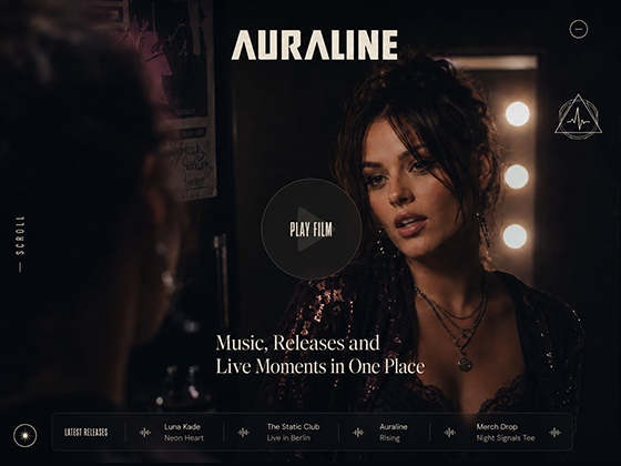 Music web design example showing a dark cinematic artist homepage with backstage photography, Auraline branding and latest releases