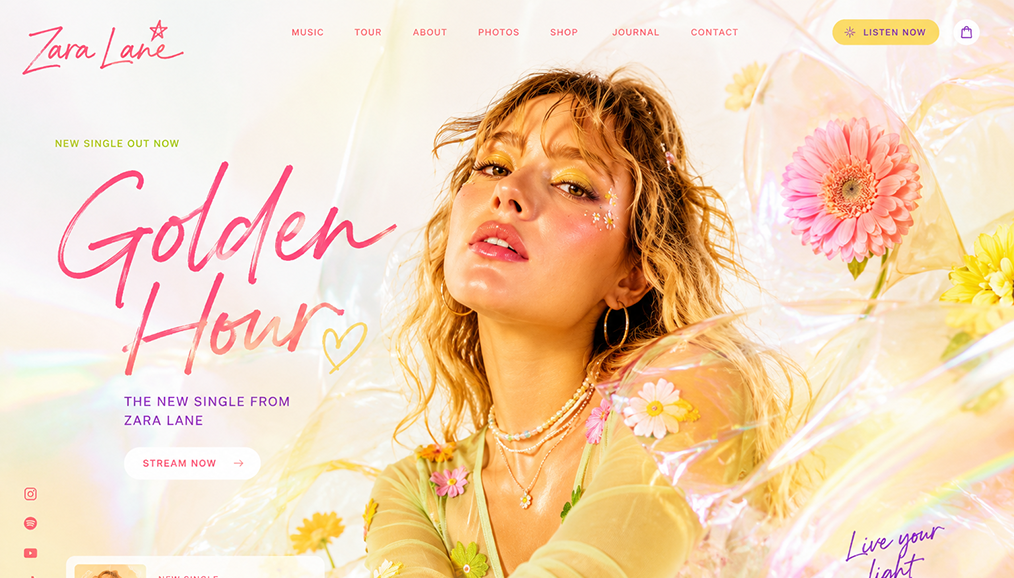 Colourful music artist website design with pastel floral styling, large artist portrait, single promotion and stream now button.