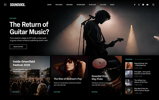 Music blog website design with featured editorial article, music news cards, trending stories and release-focused content.