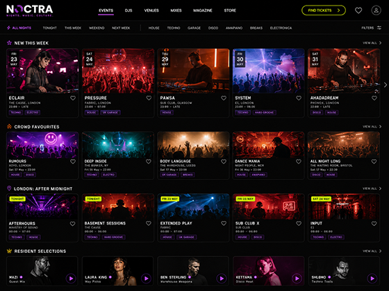 Nightclub music events website design with DJ listings, date filters, genre tags and dark club-style event cards.