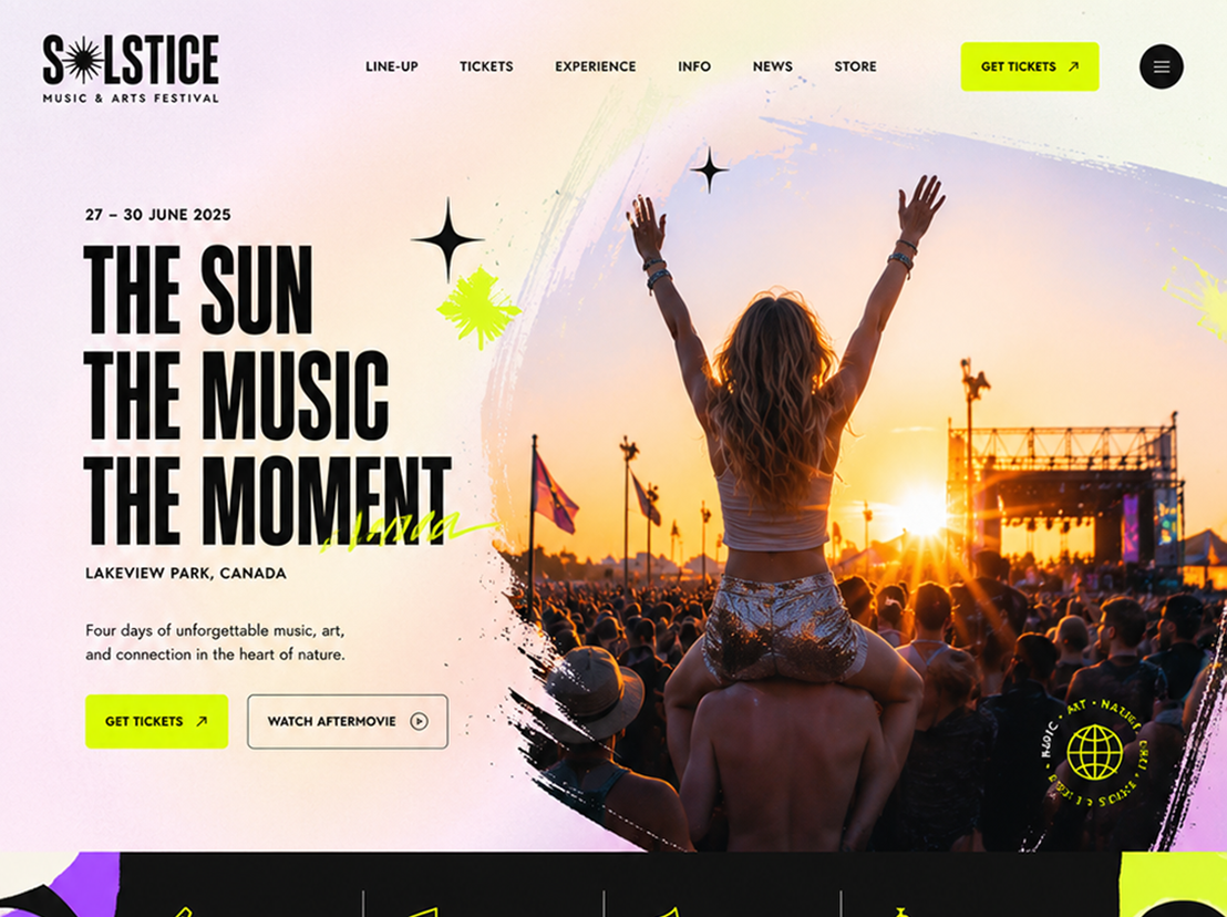 Music festival website design with bold typography, sunny crowd photography, ticket buttons and upcoming event cards.