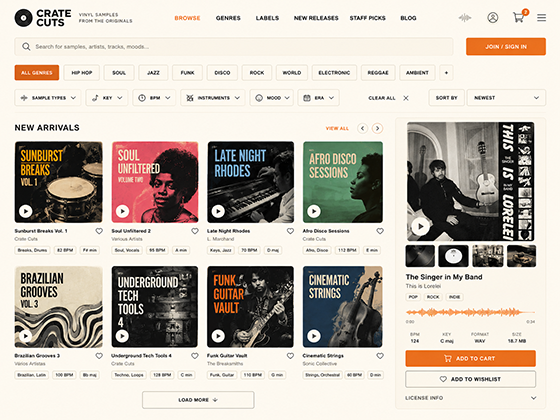 Music ecommerce website design for vinyl samples with product filters, album artwork grid, audio preview and add to cart panel