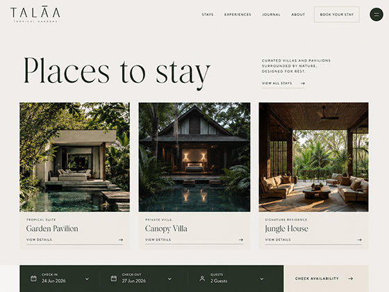 Nature hotel website design presenting villa categories, immersive photography and clean booking interface layout