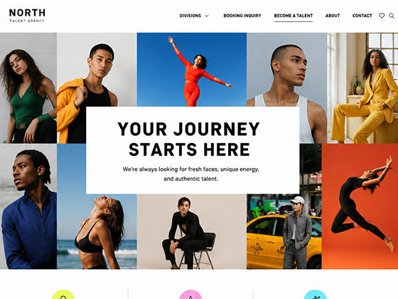 New talent application page design with a tiled grid of diverse models and a "become a talent" call to action