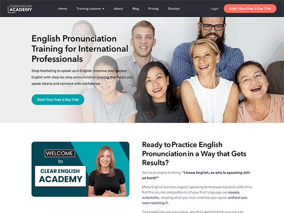 Online English language school website design for pronunciation training and professional learners