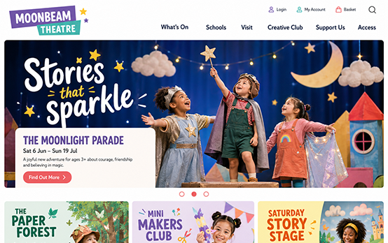 Children's theatre web design with What's On listings, schools section and creative club programmes