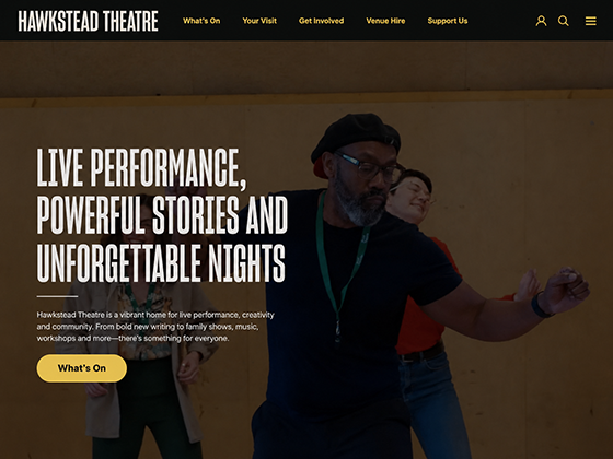 Theatre website homepage design featuring live performance hero, What's On and venue hire navigation
