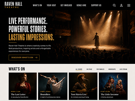 Performing arts website design with What's On production listings for shows, dance and workshops
