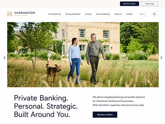 Private bank website design with client login, savings, lending and business banking navigation