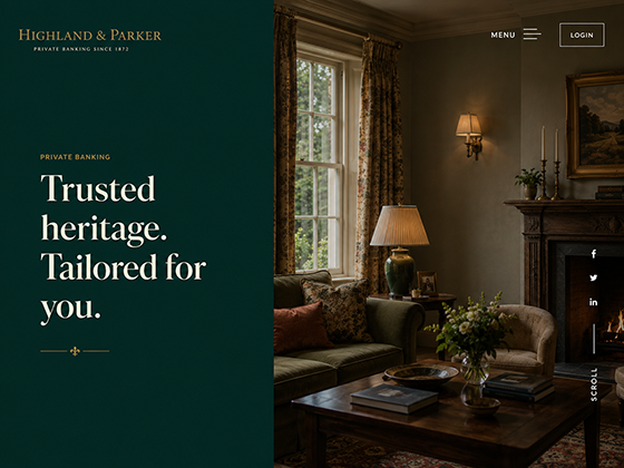 Private banking website design with premium full-height hero section and discreet client login