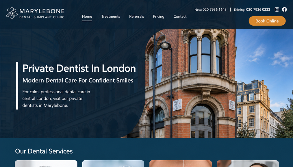 Private dentist homepage design with London clinic branding and service cards