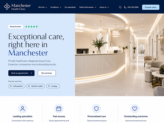 Private clinic website design showing specialist care services, appointment booking and patient information navigation.