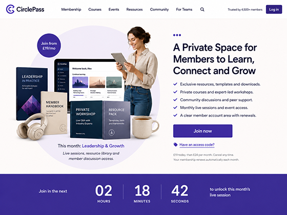 Private membership community web design with gated courses, member dashboard, renewals and live session countdown.