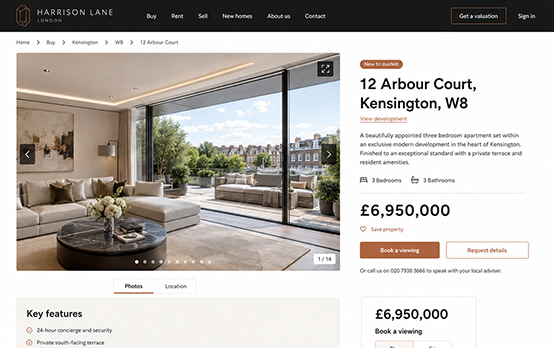 Property detail page design, showing an apartment with a photo gallery and viewing booking options.