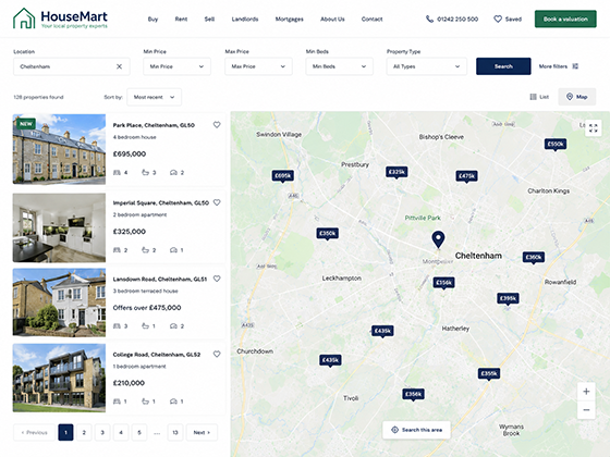 roperty search page design, with filters, listings and an interactive map of available homes.