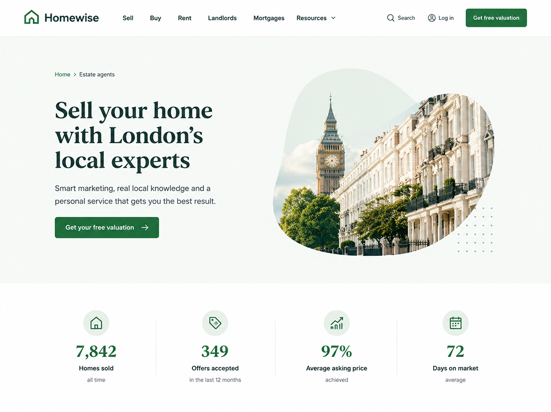 Property Portal homepage design, with a 'sell your home' hero and key stats like homes sold and days on market.