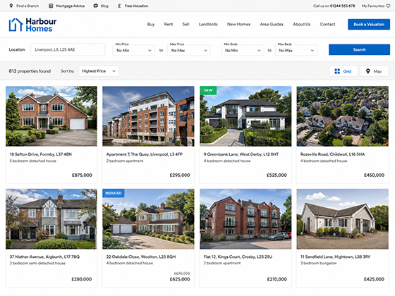 Property search results page design, with a grid of listings, prices and filter options.