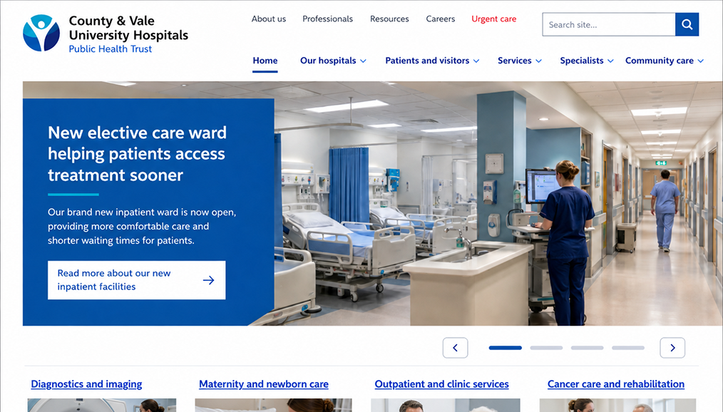 Public hospital website design showing an elective care ward, patient services and hospital navigation