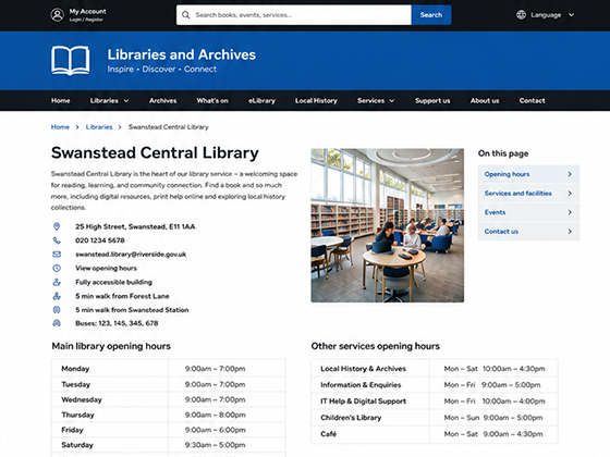 Public library branch page with opening hours, contact details, services and location information
