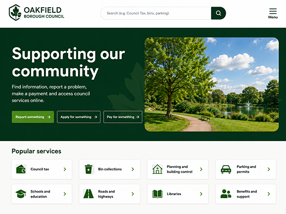 Public sector council homepage design with community messaging, service search, reporting buttons and popular service cards