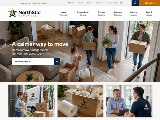Removals company home page design with home, international and business relocation quote routes and packing guides