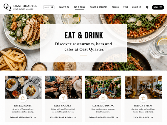 Eat and drink landing page for a retail outlet village, showing restaurant and dining categories.