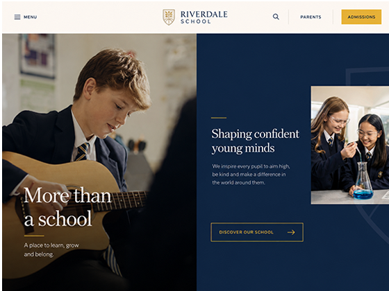 School website homepage design mockup with pupil hero image, tagline and admissions call to action