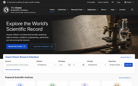 Scientific archive website with advanced collection search and research record filters