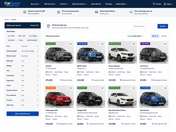 Second hand platform website design with vehicle search filters and stock listings showing price and finance