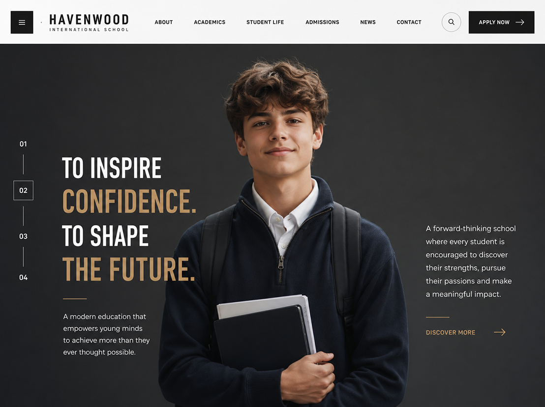 Secondary school website design homepage with pupil hero image and discover school admissions button