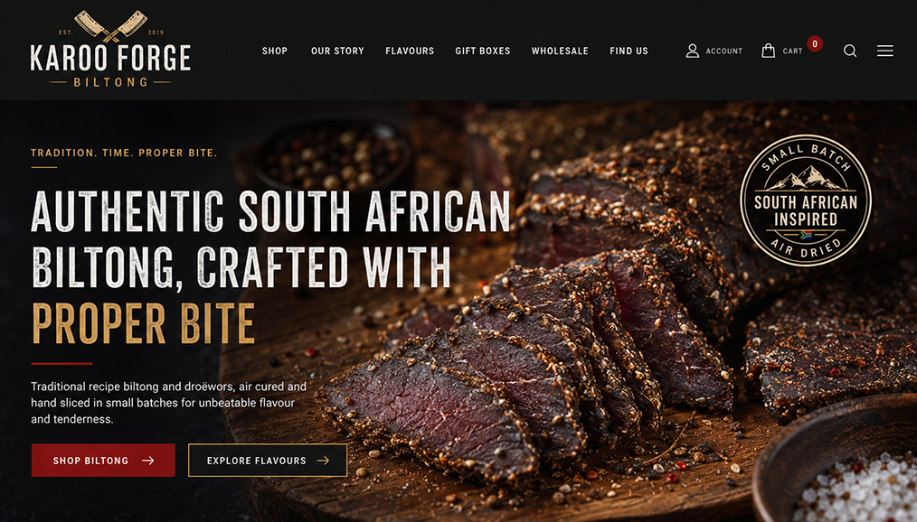 Bespoke ecommerce design for a biltong brand, with sliced biltong on a board