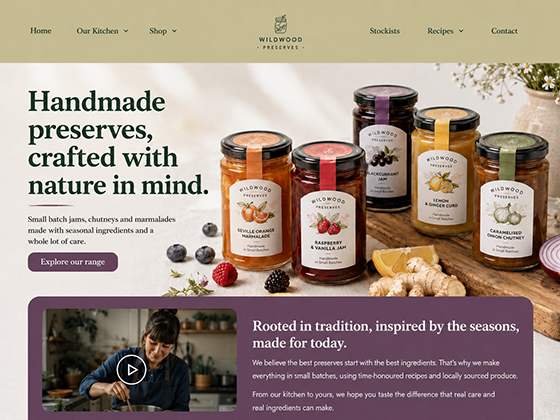 Small business website for a preserves brand, with a row of labelled jam jars