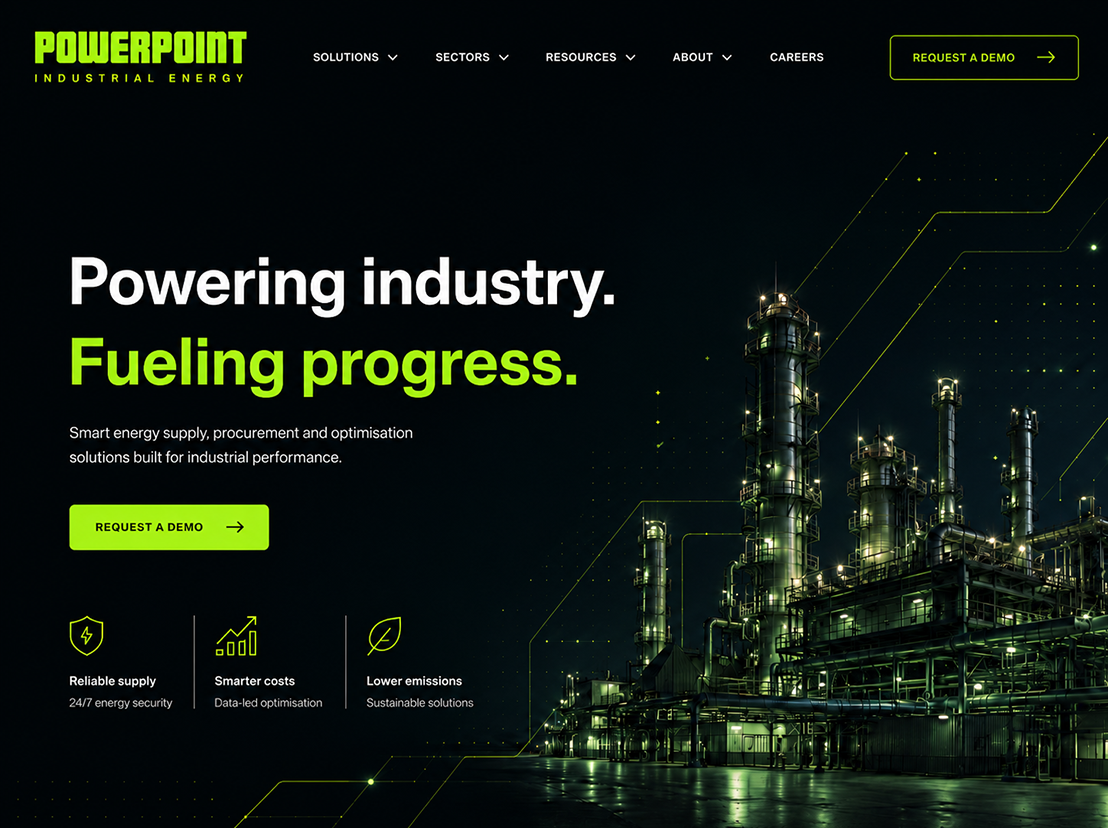 Industrial energy supplier website design with a dark, high-contrast hero layout